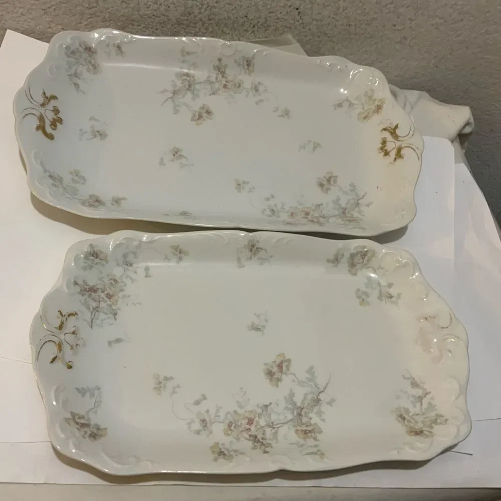 2 Vintage  Limoges J. Pouyat  France Hand Painted Oval Floral Gold Gilt Antique